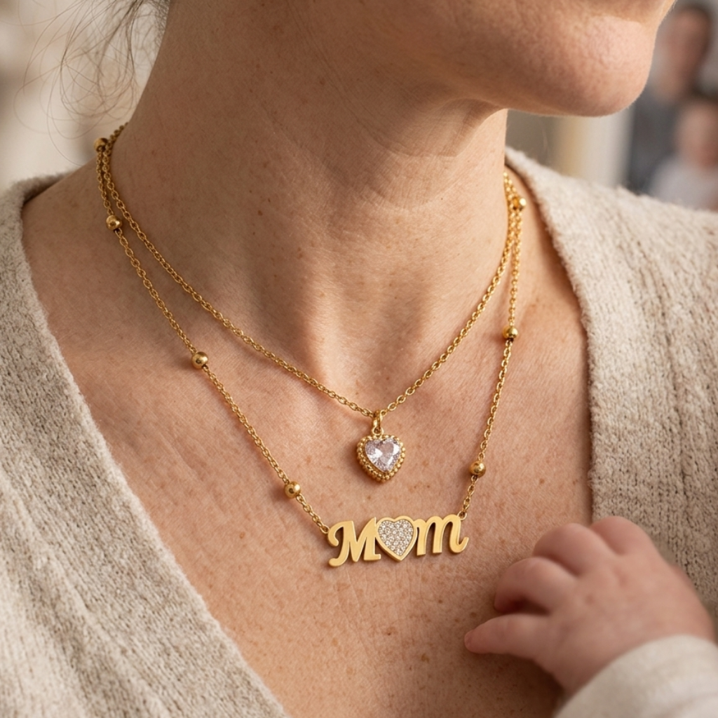 Double Layer Mom Heart Necklace – 18K Gold Plated Stainless Steel