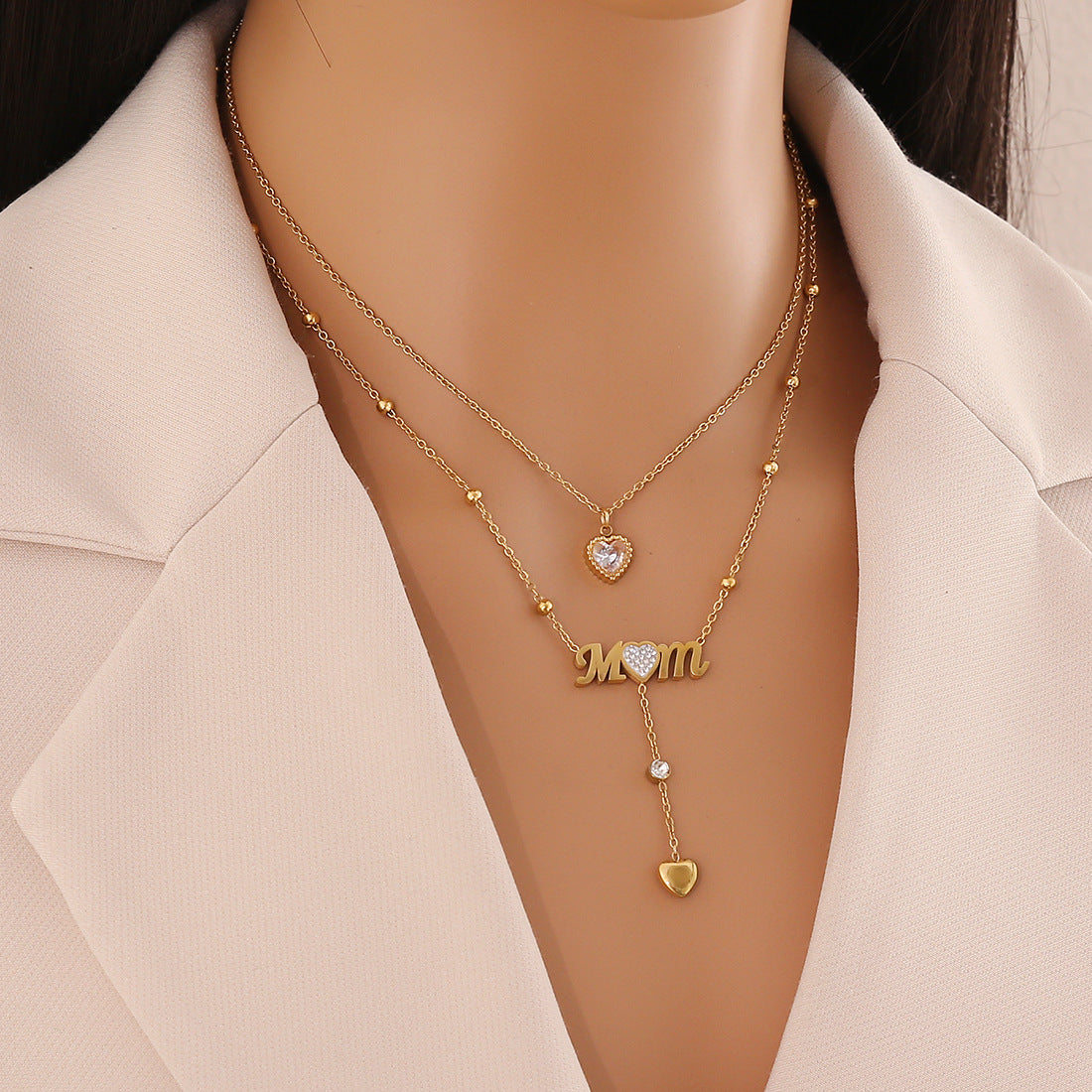 Double Layer Mom Heart Drop Necklace – 18K Gold Plated Stainless Steel