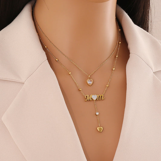 Double Layer Mom Heart Drop Necklace – 18K Gold Plated Stainless Steel