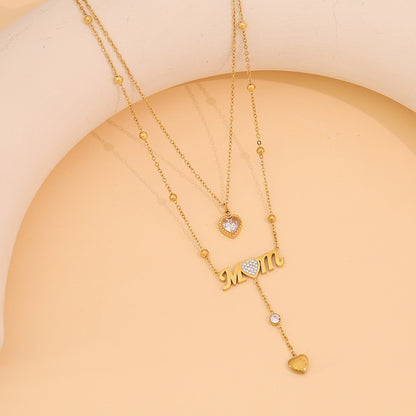 Double Layer Mom Heart Drop Necklace – 18K Gold Plated Stainless Steel