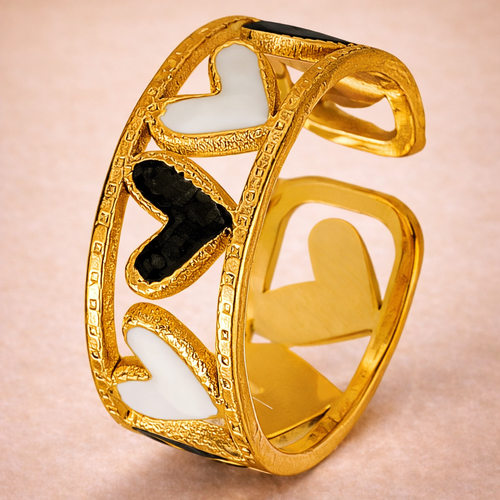 Eternal Hearts Open Ring — Dual-Tone White & Black Heart Gold Statement Ring