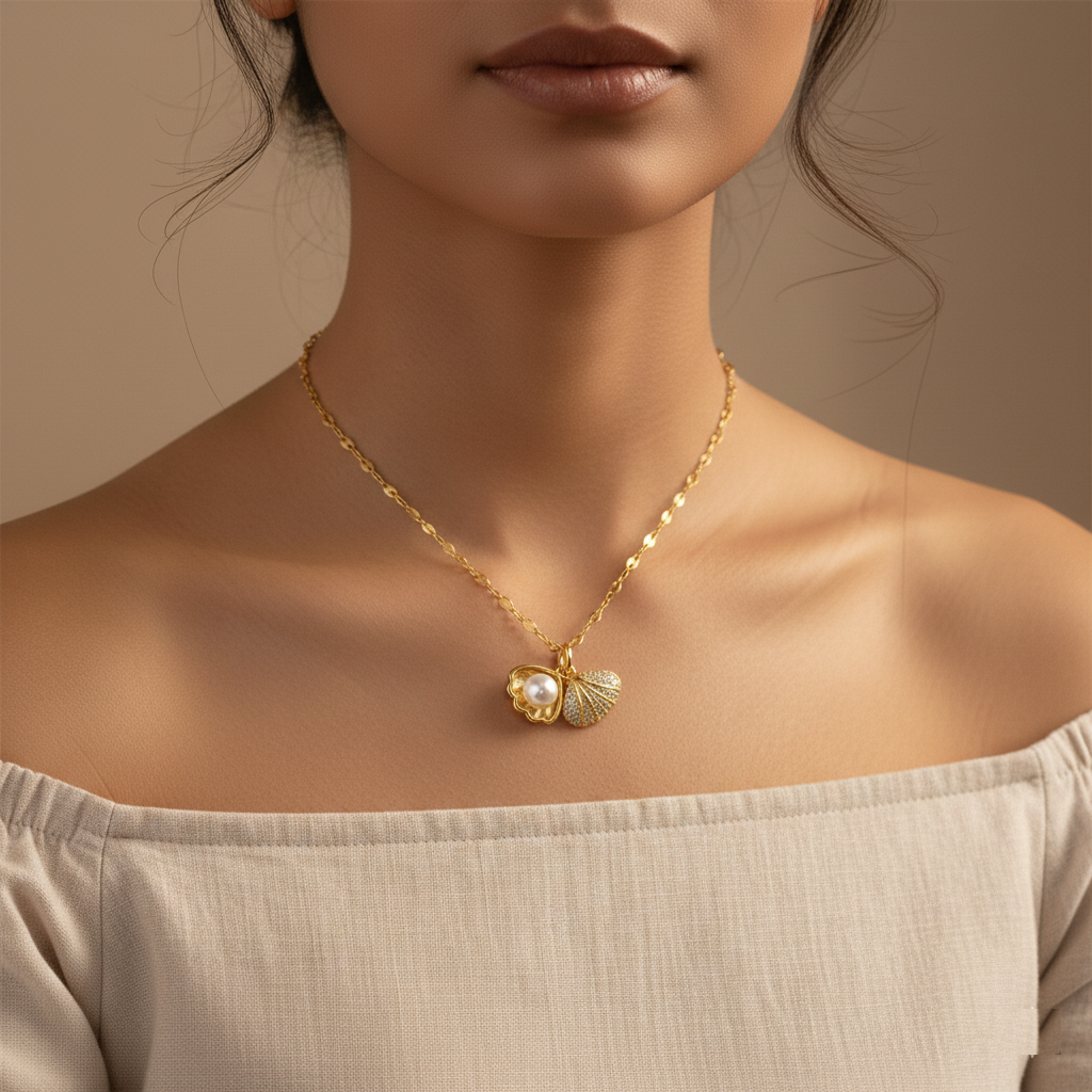 Ocean Pearl Seashell Necklace — 18K Gold-Tone Coastal Elegance Pendant