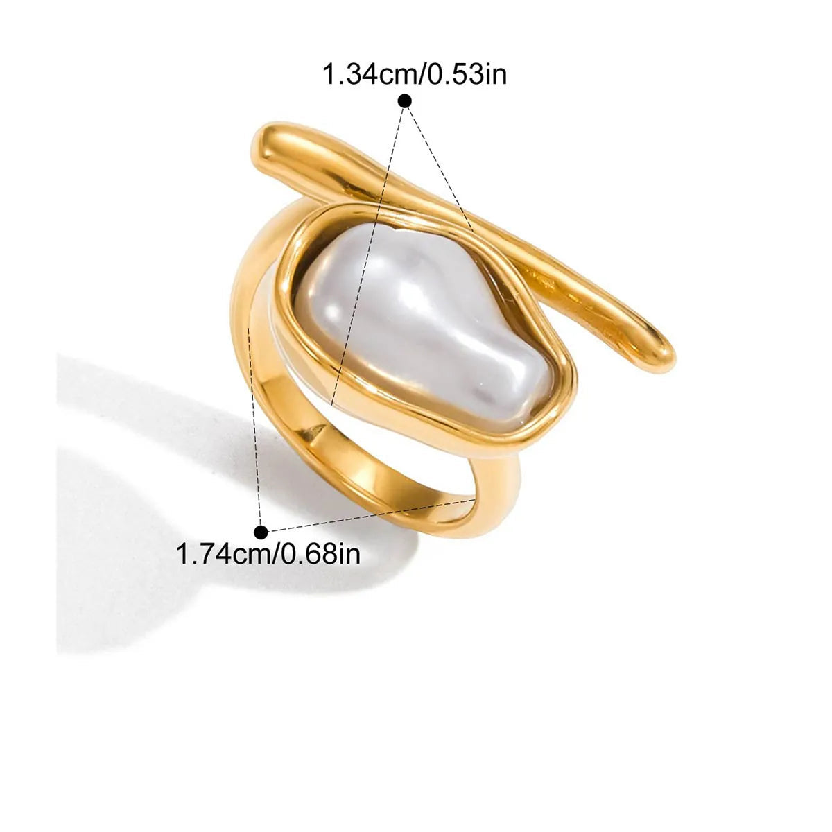 Gold ring with a pearl-like center on a white background, showing measurements and product details.
