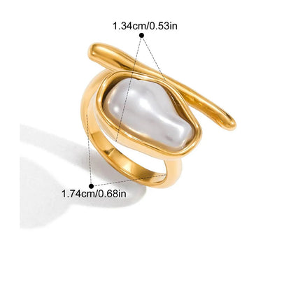 Gold ring with a pearl-like center on a white background, showing measurements and product details.