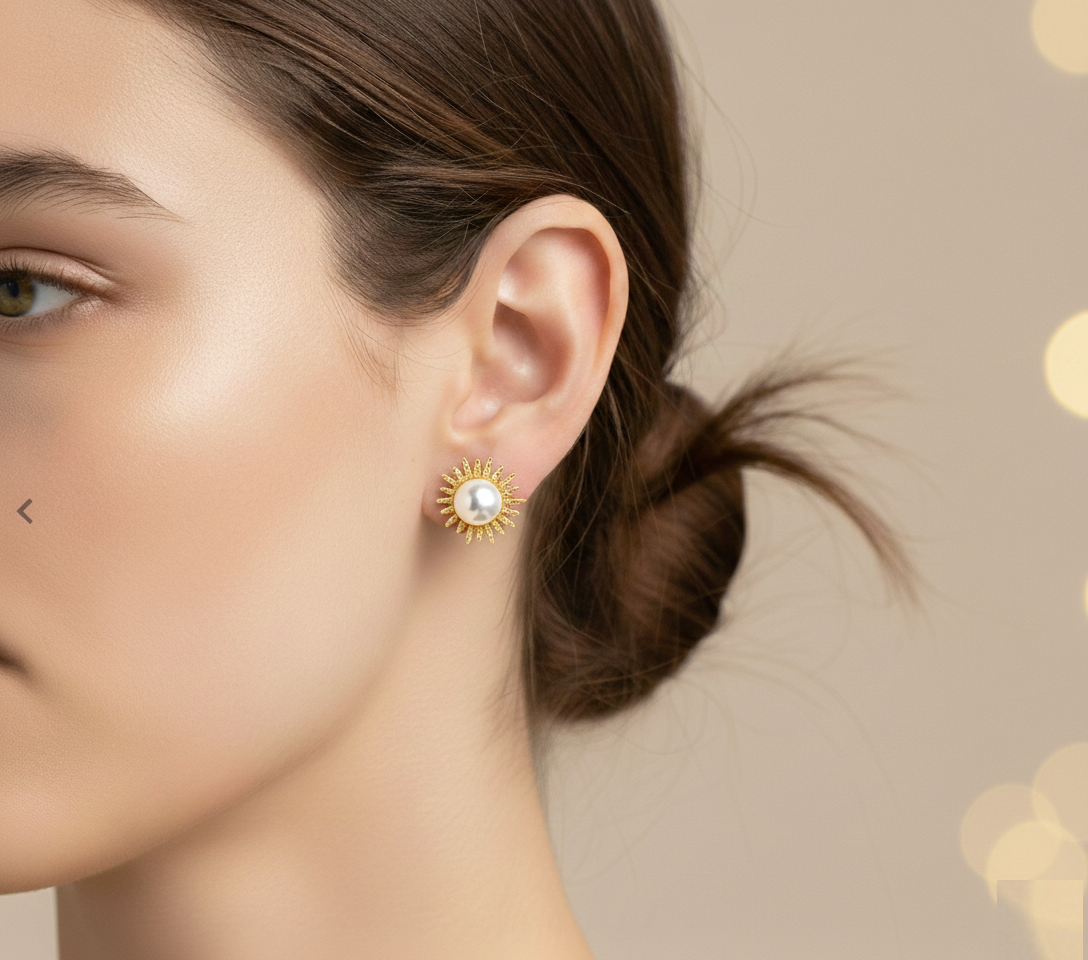 Golden Sunburst Pearl Stud Earrings — Radiant Floral-Inspired Elegance