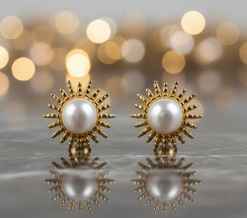 Golden Sunburst Pearl Stud Earrings — Radiant Floral-Inspired Elegance