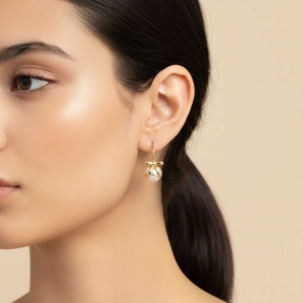 Elegant Bow White Pearl Drop Earrings — 18K Gold-Tone Chic