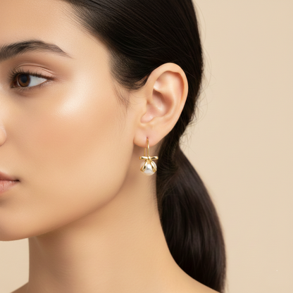 Elegant Bow White Pearl Drop Earrings — 18K Gold-Tone Chic