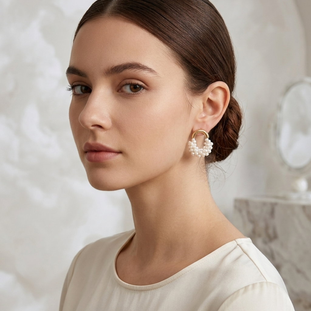 Woman wearing a pair of earrings with a neutral background