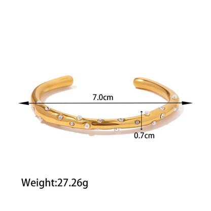 Pearl open Bangle - 18K Gold Plated Stainless Steel