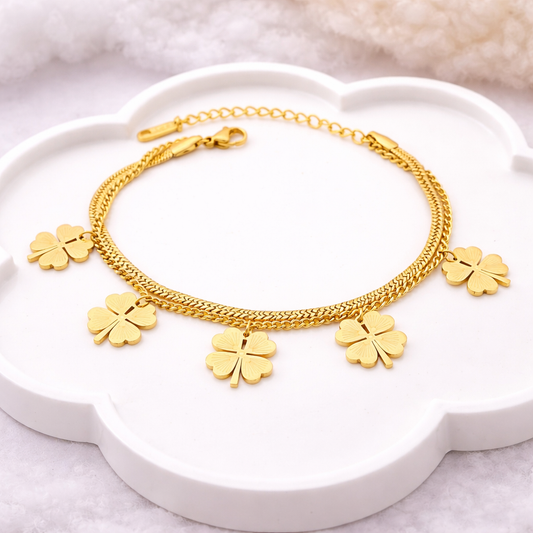 Golden Clover Charm Bracelet — Layered Chain with Lucky Floral Motifs