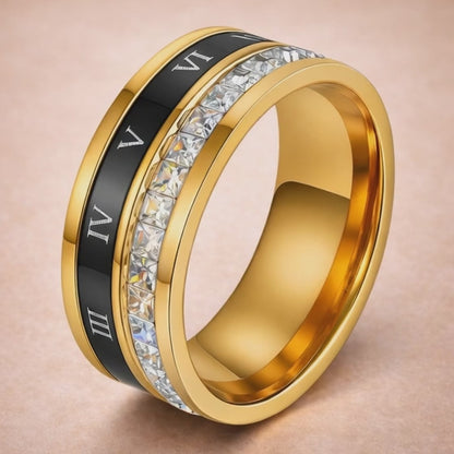 Bague Luxe Temps Éternel — Bande de Cristaux Plaquée Or à Chiffres Romains