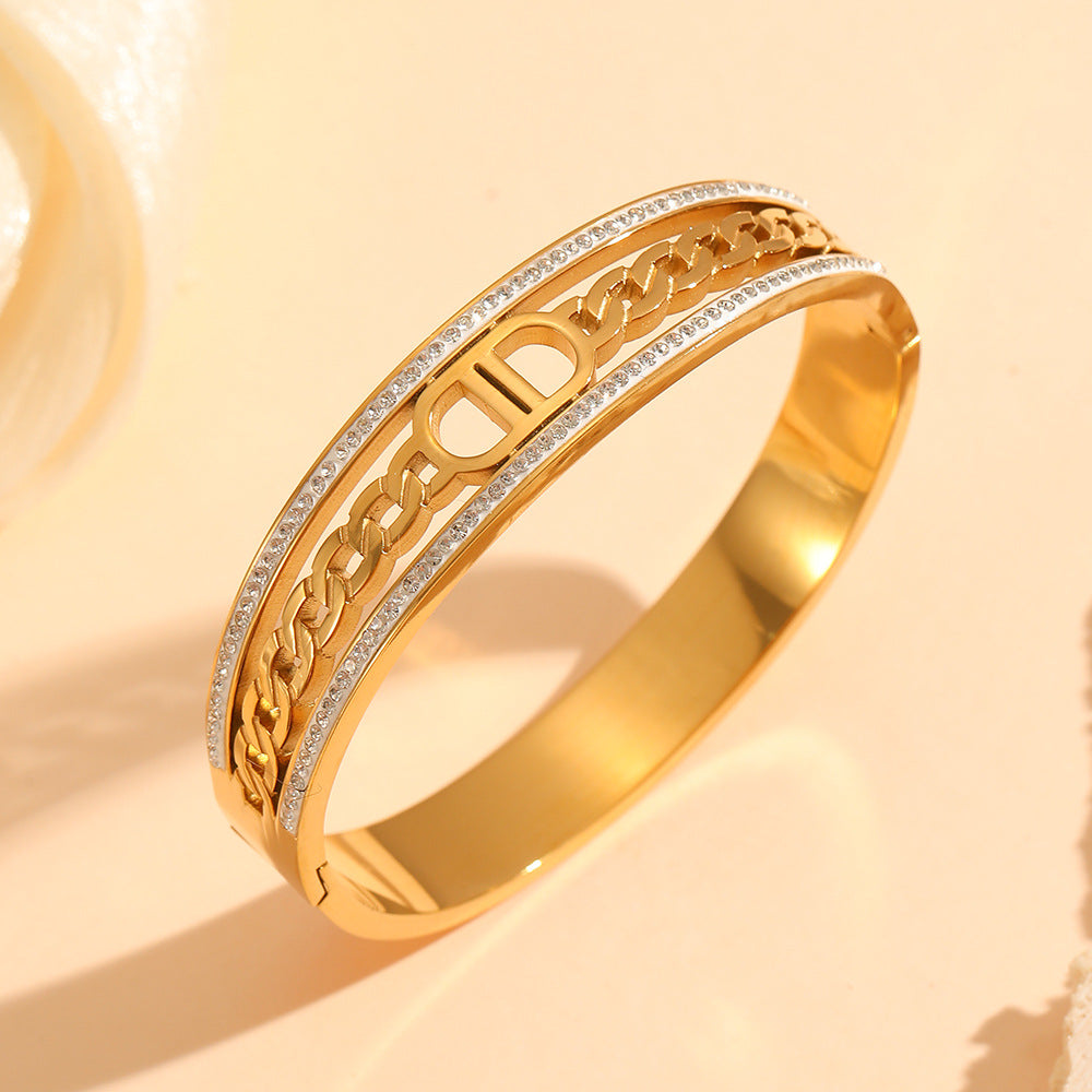 Stainless Steel Gold Plated Rhinestone Enamel Letter Bangle – Akvira Luxe