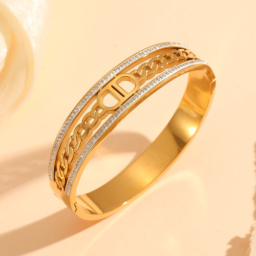 Stainless Steel Gold Plated Rhinestone Enamel Letter Bangle – Akvira Luxe