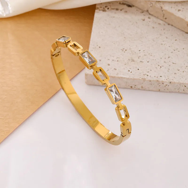 Gemstone linked Bangle - 18K Gold Plated Stainless Steel
