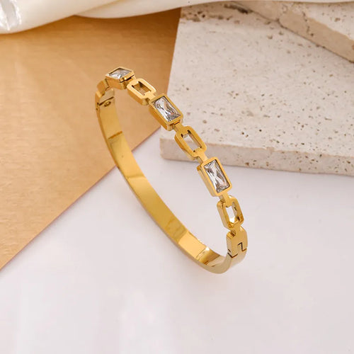 Gemstone linked Bangle - 18K Gold Plated Stainless Steel
