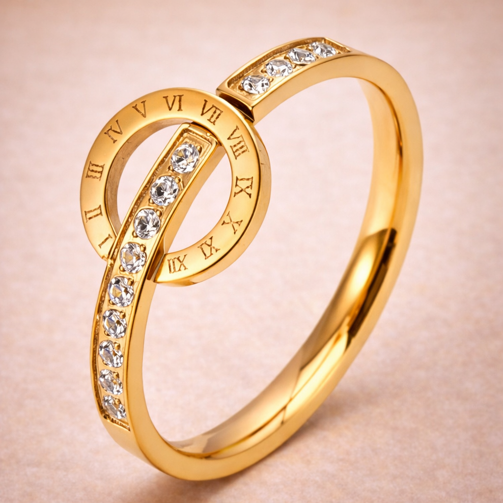 Bague en Or Rose avec Chiffre Romain, Orbite Éternelle — Design de Montre à Maillons de Cristal
