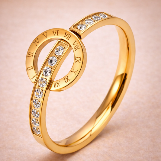 Eternal Orbit Roman Numeral Rose Gold Ring — Crystal-Linked Timepiece Design