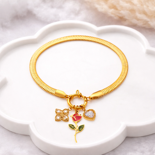 Golden Garden Charm Bracelet — Floral & Rose Motif with Crystal Heart (18K Gold-Plated)