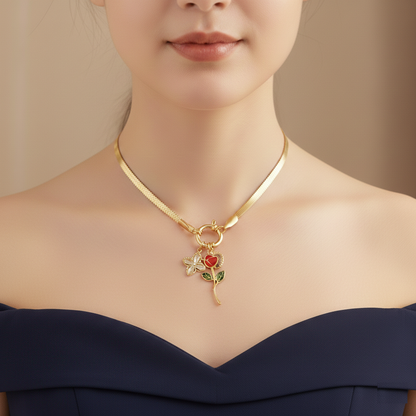 Enchanted Rose Charm Necklace — Floral Trio Pendant in 18K Gold-Plated Finish