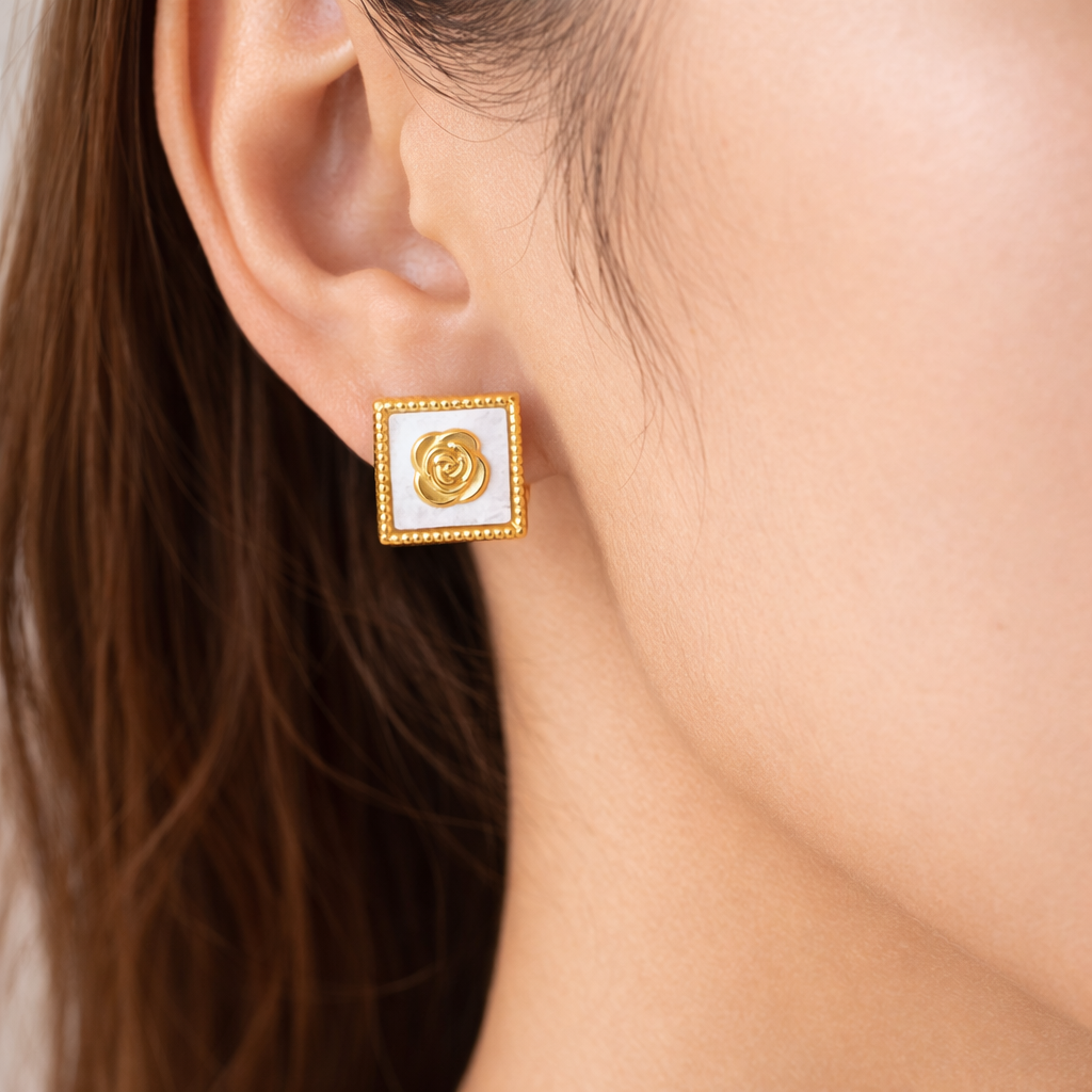 Golden Rose Square Stud Earrings