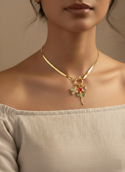 Enchanted Rose Charm Necklace — Floral Trio Pendant in 18K Gold-Plated Finish