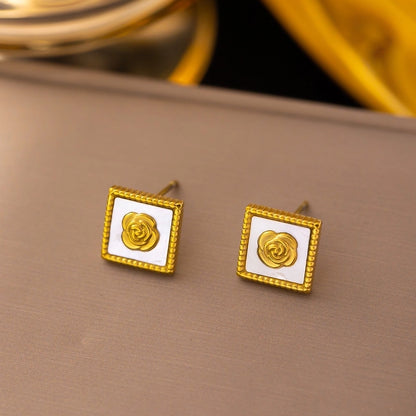 Golden Rose Square Stud Earrings