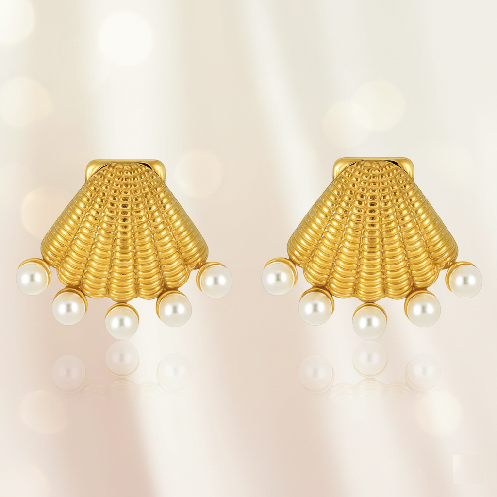 Golden Seashell Pearl Stud Earrings – Ocean-Inspired Gold-Tone Statement Jewelry