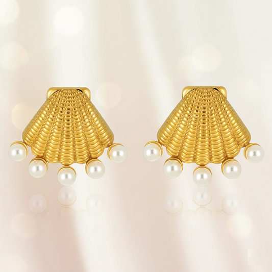Golden Seashell Pearl Stud Earrings – Ocean-Inspired Gold-Tone Statement Jewelry