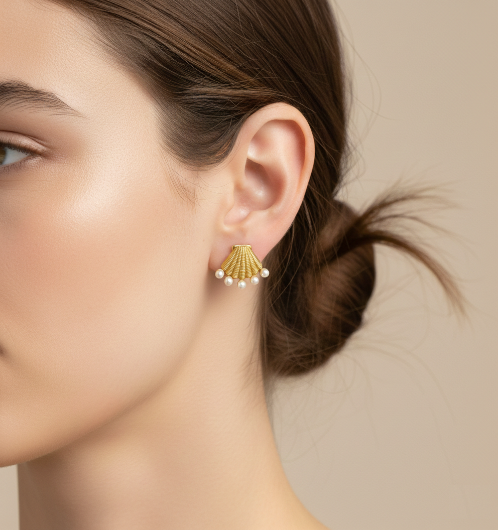 Golden Seashell Pearl Stud Earrings – Ocean-Inspired Gold-Tone Statement Jewelry