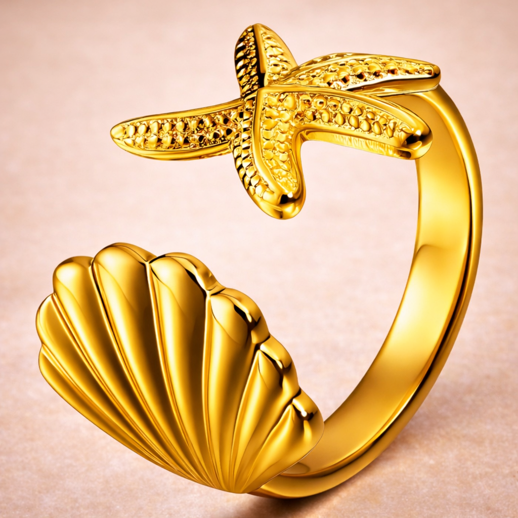 Starfish and Seashell Ring 18K Gold Plated Stainless Steel
