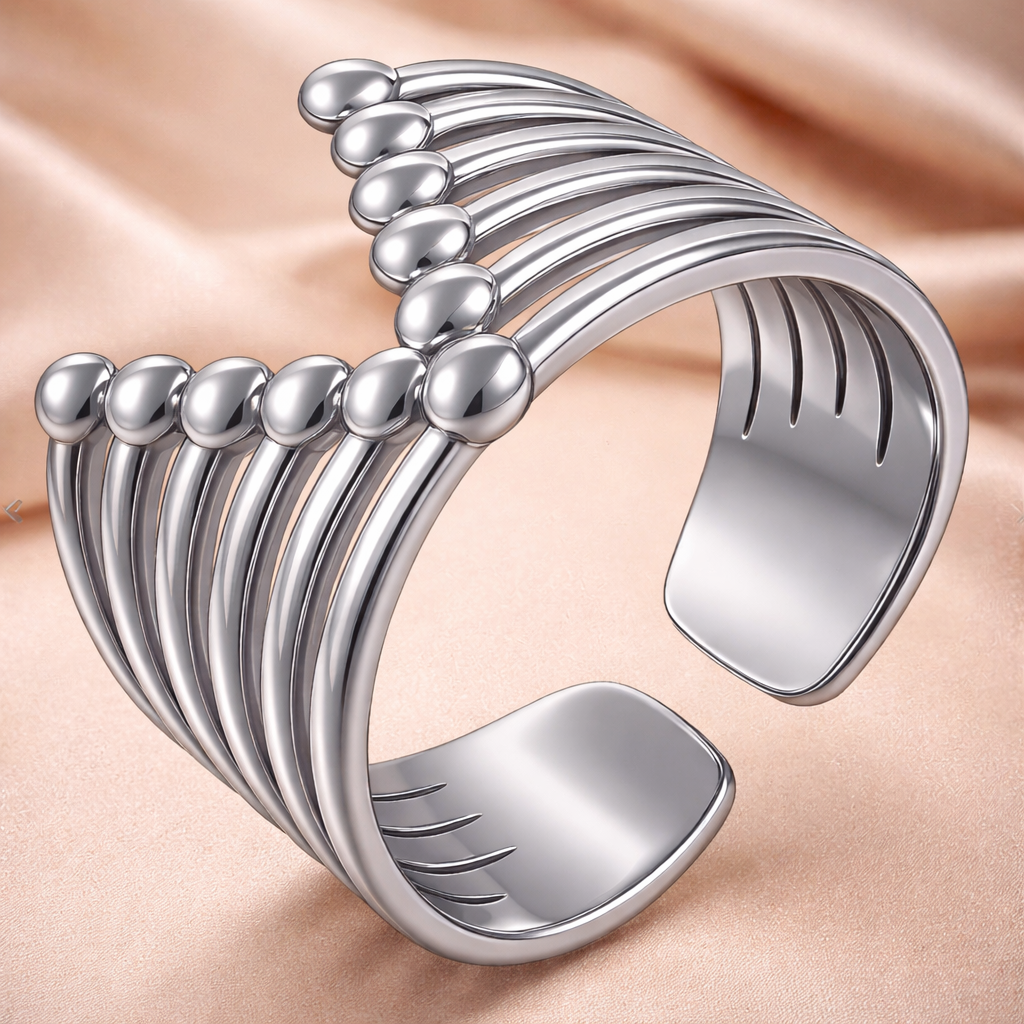 Luna Arc V Ring — Modern Adjustable Sculpted Silver Open Ring