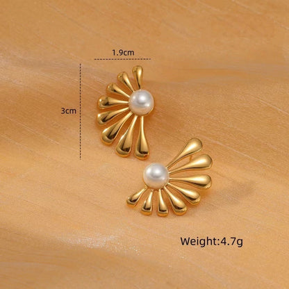 Golden Sunburst Pearl Stud Earrings – 18K Gold Plated Stainless Steel