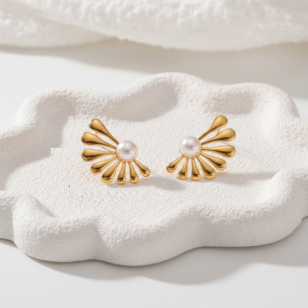 Golden Sunburst Pearl Stud Earrings – 18K Gold Plated Stainless Steel