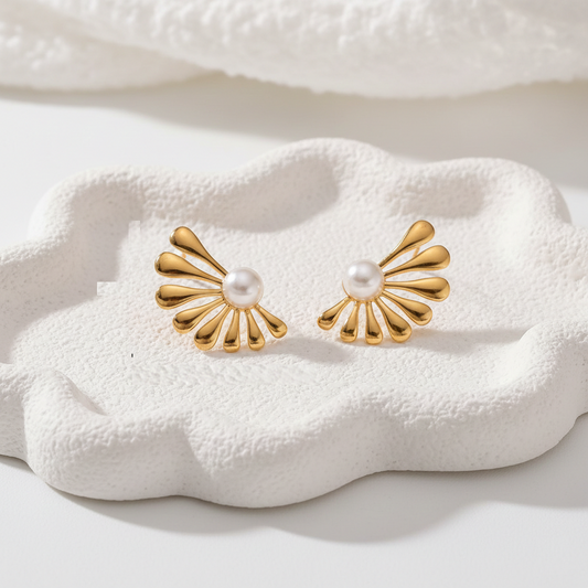Golden Sunburst Pearl Stud Earrings – 18K Gold Plated Stainless Steel