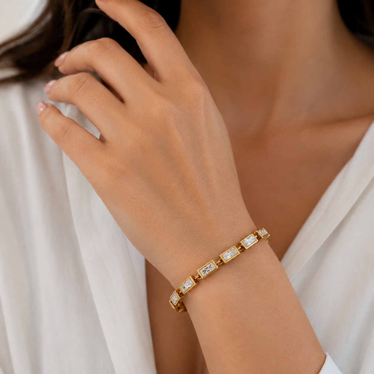 Tennis Bracelet – 18K Gold Plated Stainless Steel (Rectangle)