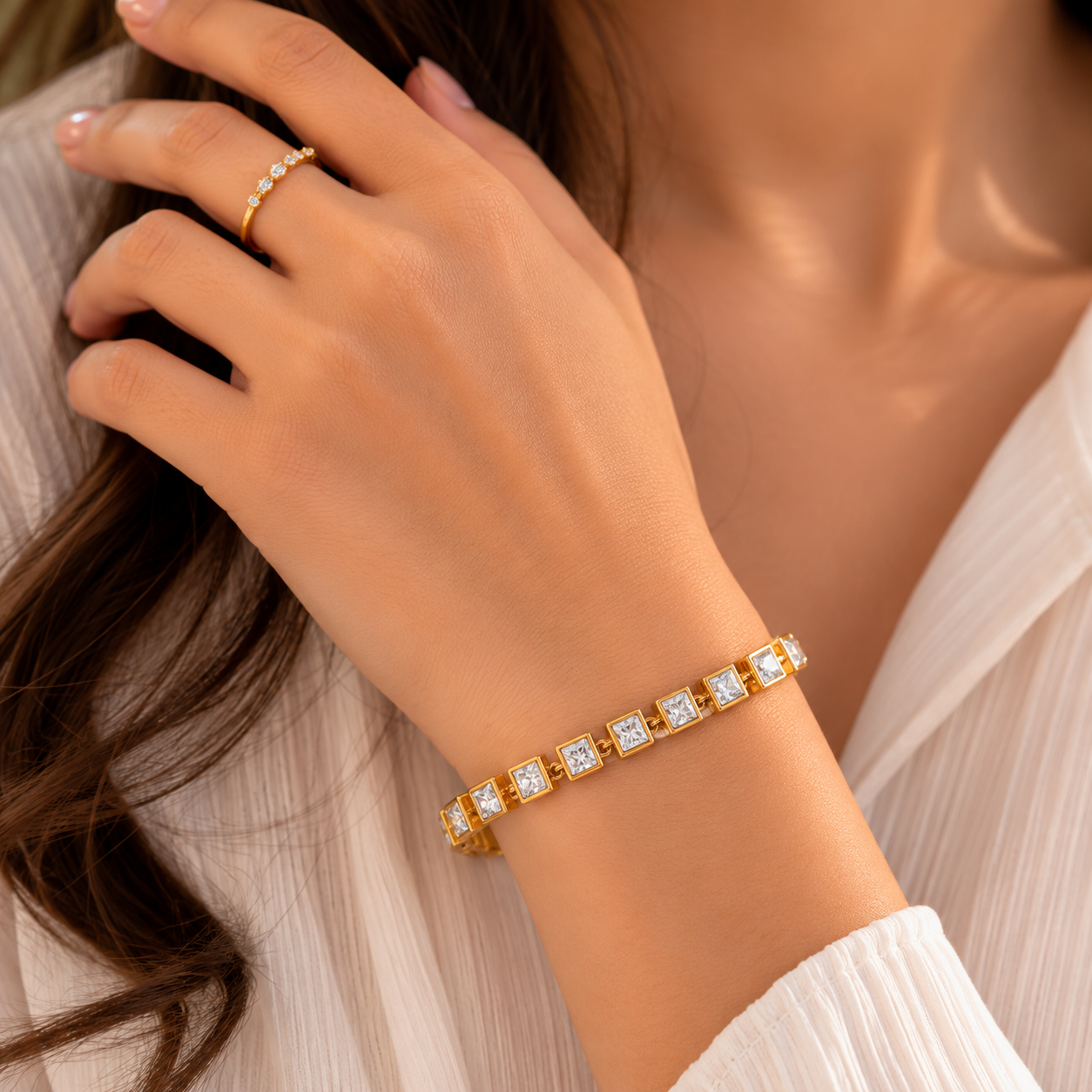 Tennis Bracelet – 18K Gold Plated Stainless Steel (Square)