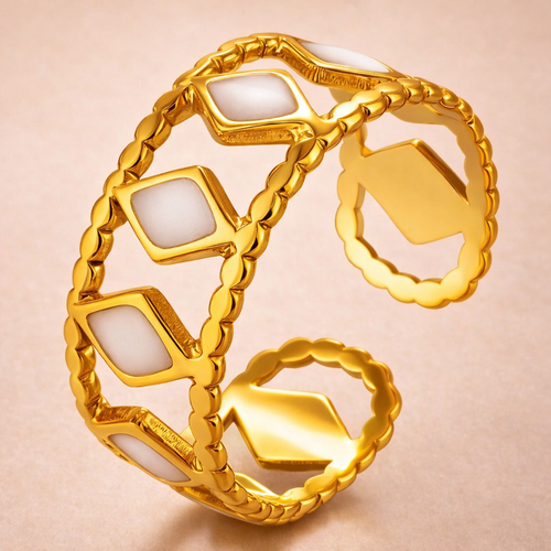 Golden Lattice Mother-of-Pearl Open Ring — Sculpted Geometric Statement